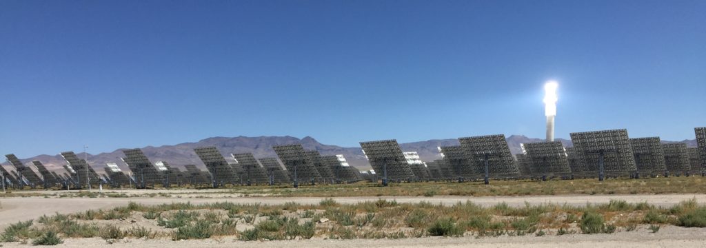 Heliostats focus sunlight on a central receiver